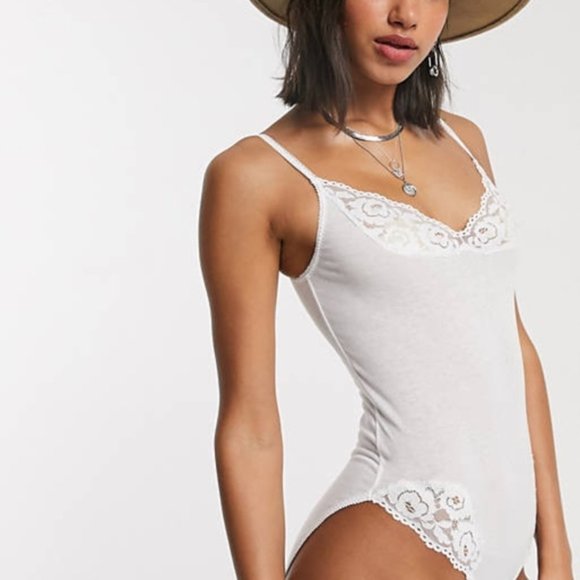 NWT FREE PEOPLE Side of Sass Lace-Trim Cotton Bodysuit - White - Picture 4 of 4